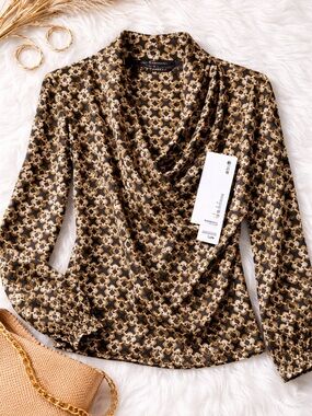 T Tahari Black and Gold Geometric Drape Neck Blouse